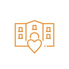 Umriss eines Krankenhausgebäudes mit einem Herzsymbol davor, dargestellt in orangen Linien auf weißem Hintergrund.