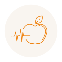 Orangefarbene Strichzeichnung eines Apfels mit einem Blatt und einer hindurchlaufenden Herzschlaglinie vor einem hellbeigen kreisförmigen Hintergrund.
