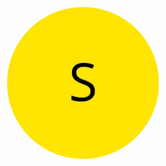 Ein gelber Kreis mit einem schwarzen Buchstaben „S“ in der Mitte.