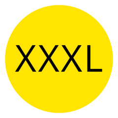 Leuchtend gelber Kreis mit fetten schwarzen Buchstaben „XXXL“ in der Mitte.