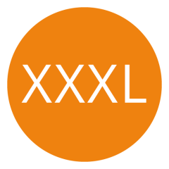 Orangefarbener Kreis mit dem Text „XXXL“ in Weiß, zentriert im Kreis.