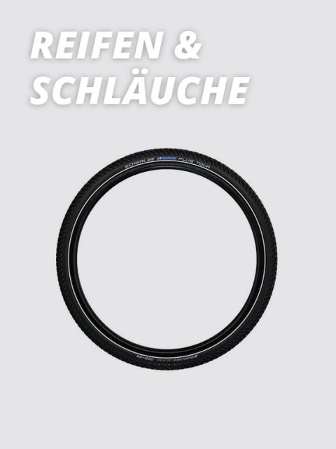 Ein Fahrradreifen ist auf einem schlichten hellgrauen Hintergrund abgebildet. Oben ist in fetter weißer Schrift deutlich der Schriftzug „Reifen & Schläuche“ zu sehen.