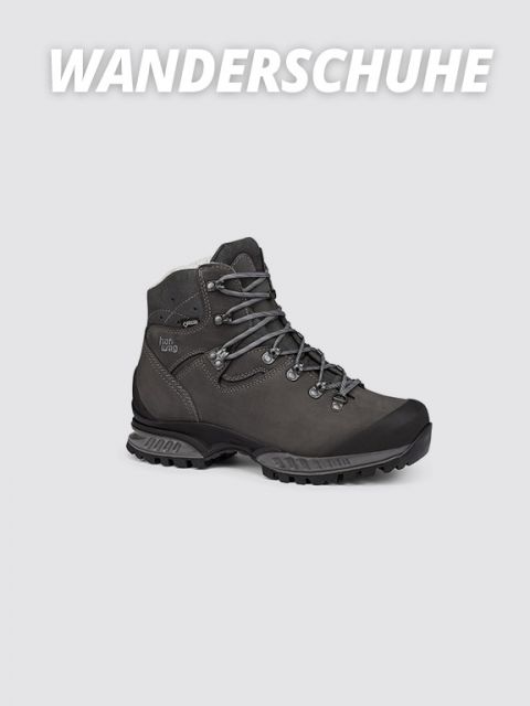 Ein einzelner dunkelgrauer Wanderschuh mit schwarzen Akzenten und robuster Sohle, von der Seite betrachtet, auf hellgrauem Hintergrund. Oben steht in fettem weißen Text das Wort „WANDERSCHUHE“.