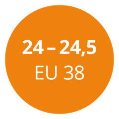Orangefarbener Kreis mit weißem Text mit der Anzeige „24 – 24,5 EU 38“ als Hinweis auf eine Schuhgrößenumrechnung.