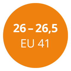 Orangefarbener Kreis mit weißem Text zur Anzeige der Schuhgrößeninformationen: „26 – 26,5, EU 41“.