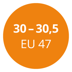 Ein orangefarbener Kreis mit weißem Text mit der Anzeige „30 – 30,5 EU 47“.