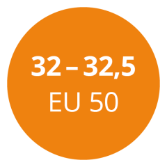 Orangefarbener Kreis mit weißem Text mit der Aufschrift „32 – 32,5 EU 50“.