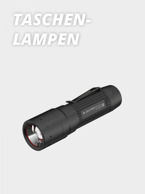 Eine schwarze Taschenlampe mit strukturiertem Griff und Clip ist auf hellgrauem Hintergrund abgebildet. Die Taschenlampe ist schräg positioniert, die Linse zeigt leicht nach links. Darüber steht in fettem weißen Text „Taschenlampen“.