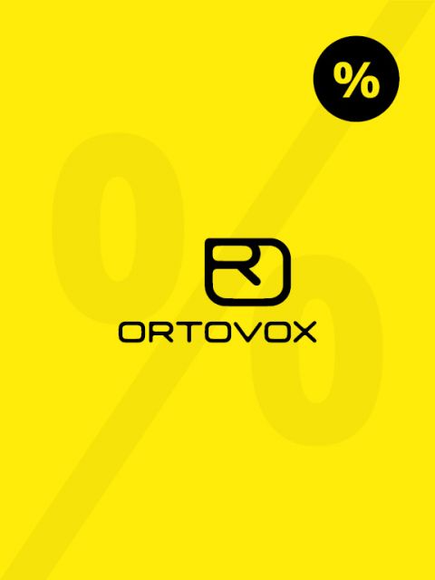 Gelber Hintergrund mit einem fettgedruckten schwarzen Prozentzeichen oben rechts und einem markanten schwarzen „Ortovox“-Logo in der Mitte. Im Hintergrund ist dezent ein großes, halbtransparentes Prozentzeichen zu sehen.