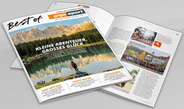 Das Magazin trägt den Titel „Kleine Abenteuer, Großes Glück“ und zeigt eine malerische Berg- und Seenlandschaft. Die Innenseiten zeigen verschiedene Artikel und Fotos. Der Titel lautet „Best of alles Sport“.