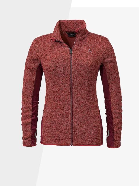 Eine kastanienbraune Fleecejacke für Damen mit Reißverschluss, hohem Kragen und langen Ärmeln. Der Stoff hat eine strukturierte Optik. Die Jacke hat ein kleines gesticktes Logo auf der Brust und ist auf einem schlichten, hellen Hintergrund zu sehen.