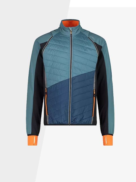 Jacke im Farbblockdesign mit gesteppter Vorderseite in Blaugrün und Dunkelblau, schwarzen Seitenteilen und kontrastierenden orangefarbenen Details an den Bündchen und dem Innenkragen. Die Jacke verfügt über einen Frontreißverschluss und Reißverschlusstaschen.
