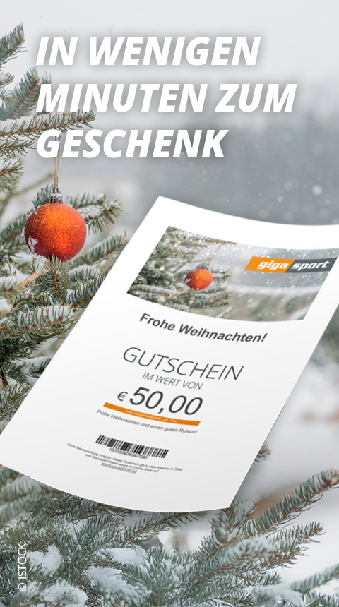 Eine verschneite Kiefer mit einem roten Ornament im Vordergrund. Darunter ist ein Geschenkgutschein im Wert von 50,00 € mit weihnachtlichem Text und Markenelementen abgebildet. Im Hintergrund ist eine winterliche Landschaft zu sehen.