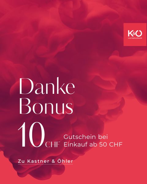 Roter Hintergrund mit wirbelndem Rauchmuster. Text lautet: „Danke Bonus. 10 CHF Gutschein beim Einkauf ab 50 CHF. Zu Kastner & Öhler.“ K&O-Logo in der oberen rechten Ecke.