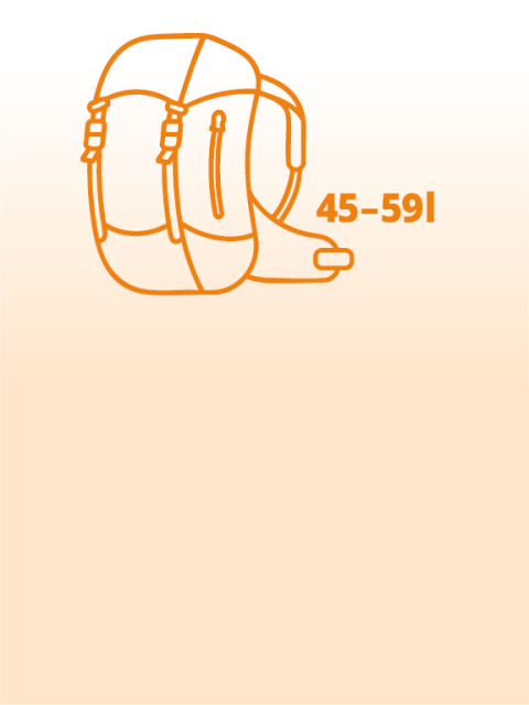 Ein orangefarbener Umriss eines Rucksacks mit der Nummer 45-591, zentriert auf einem hellen pfirsichfarbenen Hintergrund mit Farbverlauf.