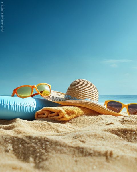 Ein Strohsonnenhut, ein gelbes Handtuch, ein Schlauchboot und zwei Sonnenbrillen liegen auf einem Sandstrand mit einem klaren blauen Himmel und ruhigem Meer im Hintergrund.