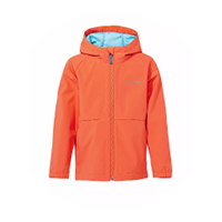 Eine leuchtend orangefarbene Kapuzenjacke mit hellblauem Futter, Frontreißverschluss und zwei Seitentaschen, dargestellt auf einem schlichten weißen Hintergrund.