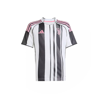 Ein kurzärmeliges Fußballtrikot mit schwarzen und weißen Längsstreifen, rosa Schulterstreifen und einem rosa Logo auf der Brust auf weißem Hintergrund.