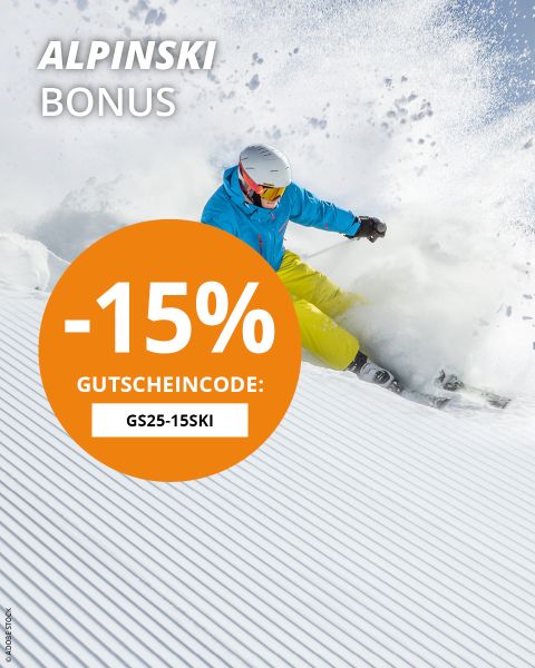 Ein Skifahrer in grau-gelber Kleidung fährt einen verschneiten Hang hinunter. Ein orangefarbener Kreis mit dem Text „15 % Rabatt mit dem Code „GS25-15SKI““ ist zu sehen. Oben steht „ALPINSKI BONUS“.