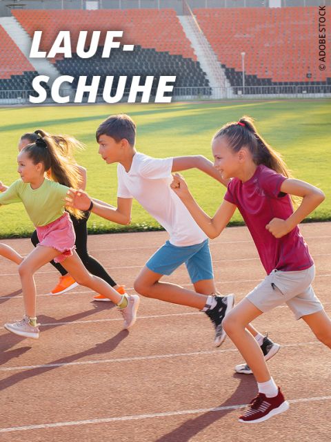 Eine Gruppe von Kindern in Sportkleidung läuft auf einer Bahn in einem Stadion. Das Wort "LAUFSCHUHE" ist in fetten weißen Buchstaben oben links zu lesen.