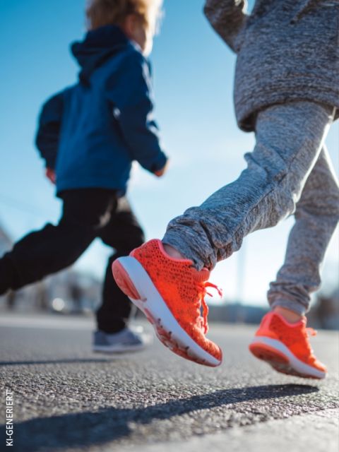 Zwei Personen, ein Kind und ein Erwachsener, gehen oder joggen bei Sonnenuntergang auf einem gepflasterten Weg im Freien. Das Kind trägt blaue Shorts und graue Turnschuhe; der Erwachsene trägt gemusterte Leggings und schwarze Turnschuhe.