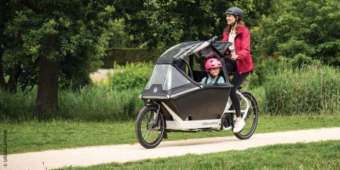 Eine Frau mit Helm fährt mit einem Lastenrad auf einem Weg durch einen Park. Ein Kind mit einem rosa Helm sitzt vorne im Fahrradfach. Der Text lautet „6 Gründe für ein Lastenrad“ mit einem Baum und Gras im Hintergrund.