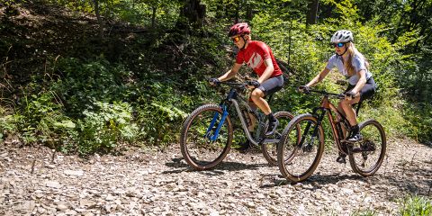 Zwei Radfahrer fahren mit Mountainbikes auf einem steinigen Pfad durch üppiges Grün. Beide tragen Helme und Sonnenbrillen. Der Text auf dem Bild lautet „FIT FÜRS BIKE IN 6 SCHRITTEN“. Die Szene ist sonnig und unterstreicht ein Outdoor-Radabenteuer.