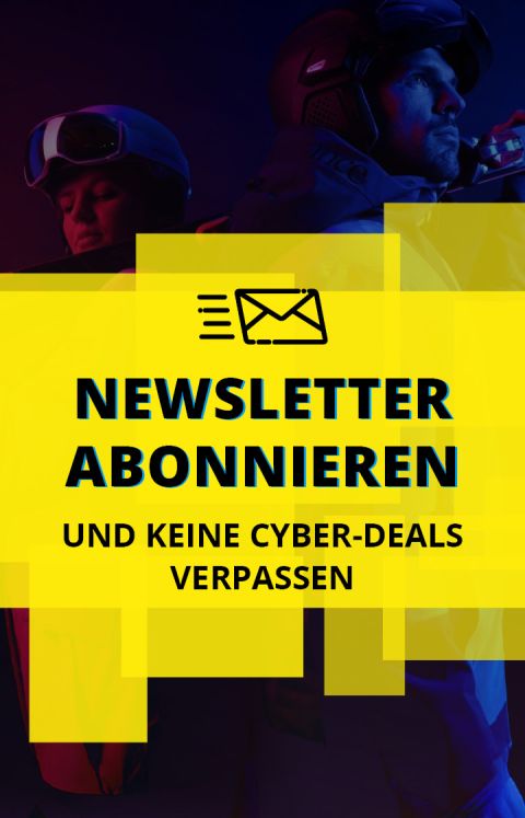 Gelbe Überlagerung mit geometrischen Formen und dem Text „NEWSLETTER ABONNIEREN UND KEINE AKTIONEN VERPASSEN“. Über dem Text befindet sich ein Briefumschlagsymbol.