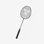 Ein schwarzer Badmintonschläger mit einem abgerundeten Kopf und einem dunklen Griff, dargestellt vor einem schlichten weißen Hintergrund.