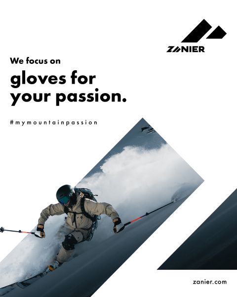 Ein Skifahrer in Winterausrüstung fährt auf einem Berghang durch den Schnee. Der fettgedruckte Text lautet: "Wir konzentrieren uns auf Handschuhe für Ihre Leidenschaft". Das Zanier-Logo und die Website sind ebenfalls zu sehen. Der Hashtag #mymountainpassion ist enthalten.
