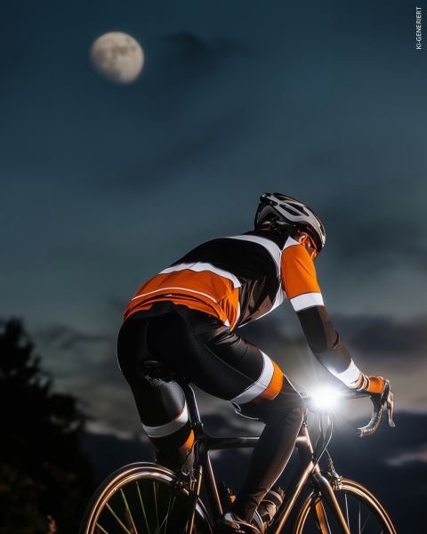 Zwei Radfahrer in reflektierender Ausrüstung sitzen nachts auf Fahrrädern. Sie tragen Helme und Jacken mit reflektierenden Streifen, während Fahrradlichter die Szene erhellen. Der große Text links lautet „Sicher & Sichtbar Radfahren“.