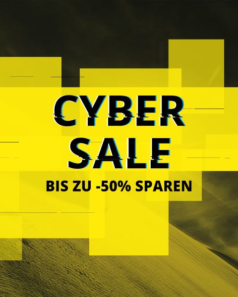 Auf einer digitalen Grafik mit gelben Rechtecken und schwarzem Hintergrundtext steht: "CYBER SALE" und "BIS ZU -50% SPAREN", was auf einen Cyber-Sale mit bis zu 50% Ersparnis hinweist, in Deutsch.