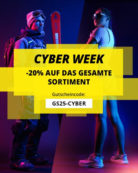 Zwei Personen in Sportkleidung stehen vor einem blau-lila Hintergrund. Auf gelben Bannern steht: "CYBER WEEK -20% AUF DAS GESAMTE SORTIMENT" mit einem Rabattcode "GS25-CYBER". Der Text ist auf Deutsch.