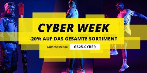 Ein Werbebanner mit der fettgedruckten Aufschrift "CYBER WEEK", das 20 % Rabatt auf alle Artikel mit dem Code "GS25-CYBER" bietet. Im Hintergrund sind sportliche Menschen in Sportkleidung mit Skiern und Laufschuhen zu sehen. Der Text ist auf Deutsch.