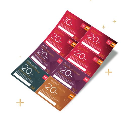 Ein Blatt mit farbenfrohen Geschenkgutscheinen in Rosa-, Lila- und Orangetönen, auf denen jeweils Euro-Beträge und Felder für Namen angegeben sind.