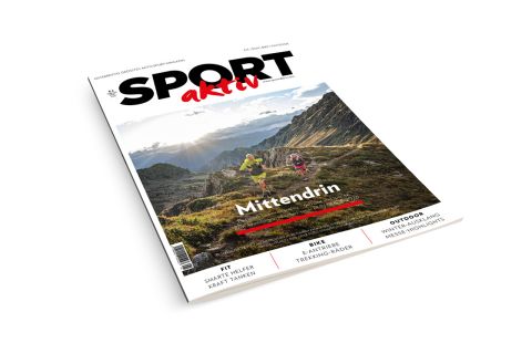 Die Titelseite des Magazins SPORT aktiv zeigt zwei Personen beim Trailrunning auf einem Bergpfad bei Sonnenuntergang, unten sind die wichtigsten Artikel aufgelistet.