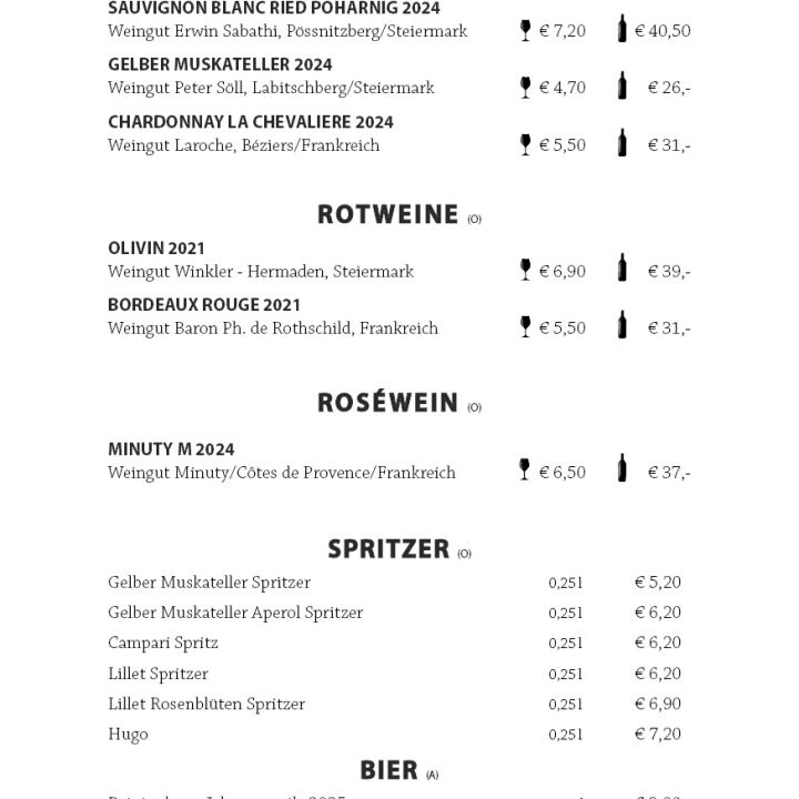 Eine deutsche Wein- und Getränkekarte mit Weiß-, Rot- und Roséweinen, Schorlen und Bier mit Preisen pro Glas und Flasche.