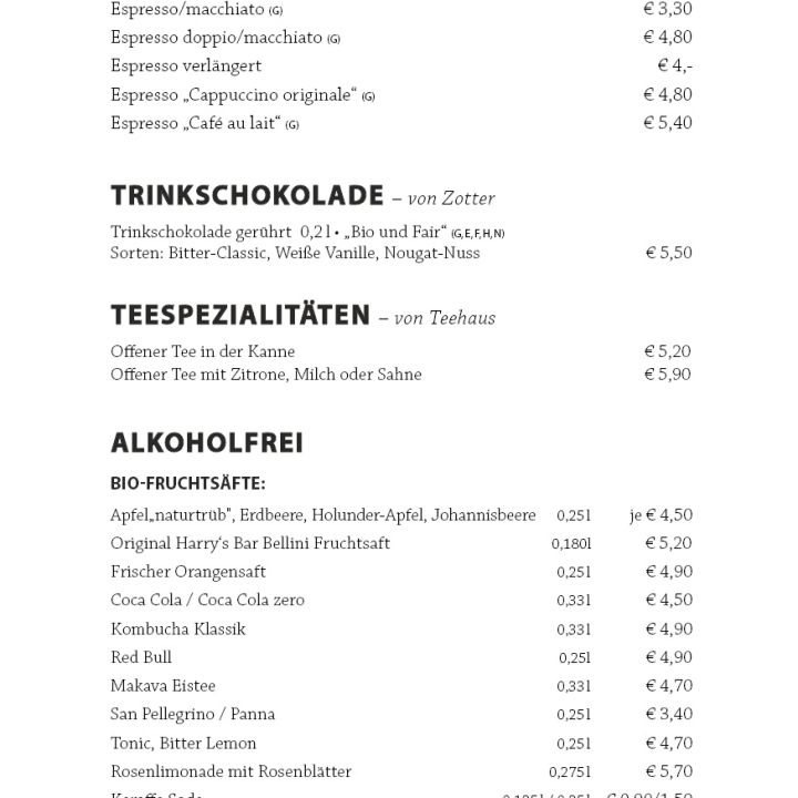 Eine deutsche Café-Speisekarte mit Abschnitten für Espresso, heiße Schokolade, Tee und alkoholfreie Getränke, mit Preisangaben und Getränkeauswahl.