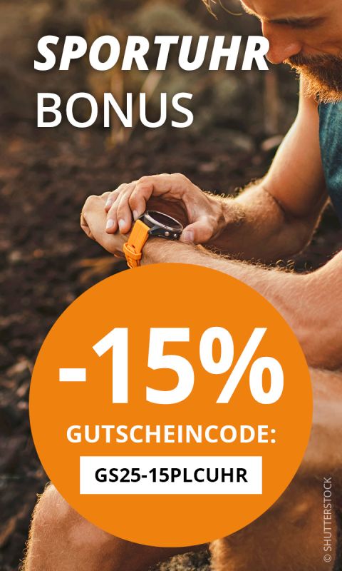 Ein Mann und eine Frau laufen in Sportkleidung und mit Uhren eine Treppe hinauf. Das Bild enthält einen Text, der 15 % Rabatt auf Sportuhren mit dem Code GS25-15PLCUHR anbietet.