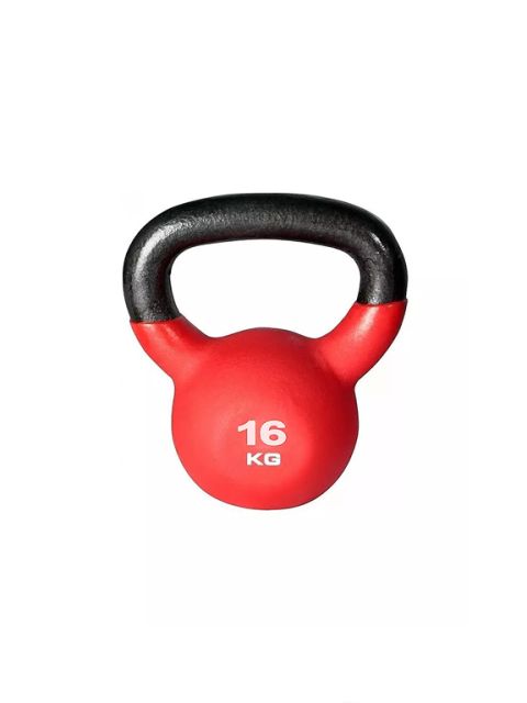 Rote Kettlebell mit schwarzem Griff und dem Aufdruck "16 KG" auf der Vorderseite, isoliert auf weißem Hintergrund.