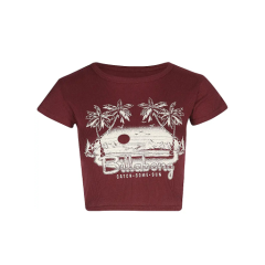 Kastanienbraunes Crop-Top mit weißer Palmen-, Sonnen- und Surfbrett-Grafik sowie dem Text "Billabong Catch Some Sun" auf der Vorderseite.