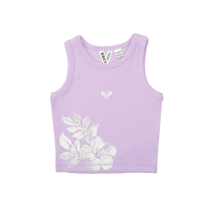 Lila ärmelloses Tank-Top mit einem kleinen weißen Logo auf der Brust und einer weißen Blumengrafik in der linken unteren Ecke auf weißem Hintergrund.