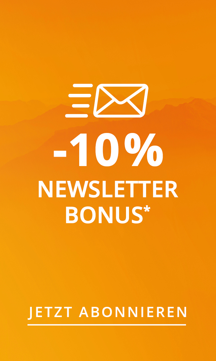 Orangefarbener Hintergrund mit einem Umschlagsymbol oben. Der Text lautet: „-10 % auf Ihren nächsten Einkauf bei Anmeldung zum Newsletter sparen*“ in Weiß.