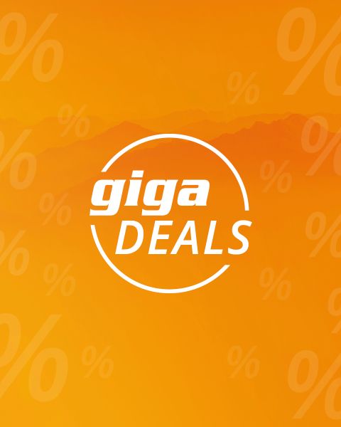 Orangefarbener Hintergrund mit schwachen Prozentzeichen. Weißer Kreis in der Mitte enthält den fetten Text "giga DEALS.
