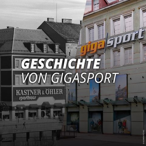 Historische und moderne Ansicht eines Gigasport-Geschäftsgebäudes mit dem Text "Geschichte von Gigasport" in fetten weißen Buchstaben überlagert.