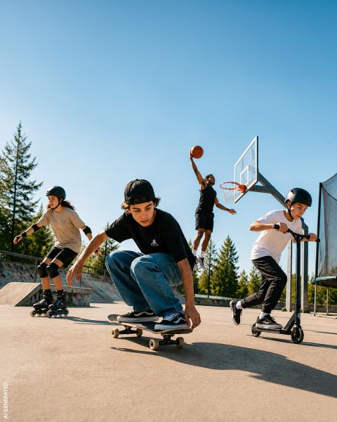 Vier Kinder in einem Skatepark: Eines fährt Skateboard, eines Inlineskates, eines fährt Tretroller und eines macht einen Dunk beim Basketball. Im Hintergrund sind Bäume und der blaue Himmel zu sehen.
