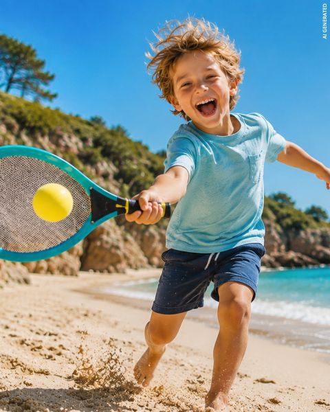 Ein lächelndes Kind, das an einem Sandstrand Tennis spielt und unter strahlend blauem Himmel mit einem Schläger einen gelben Ball schlägt, im Hintergrund sind Bäume und Wasser zu sehen.