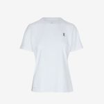 Weißes T-Shirt mit kurzen Ärmeln und einem kleinen schwarzen „on“-Logo auf der linken Brust, das sich von einem schlichten weißen Hintergrund abhebt.