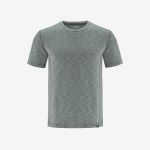 Ein schlichtes, hellgrau meliertes Sport-T-Shirt mit kurzen Ärmeln auf weißem Hintergrund.