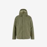 Olivgrüne Kapuzenjacke mit Druckknöpfen vorne, zwei Vordertaschen und schlichtem Design, abgebildet auf weißem Hintergrund.